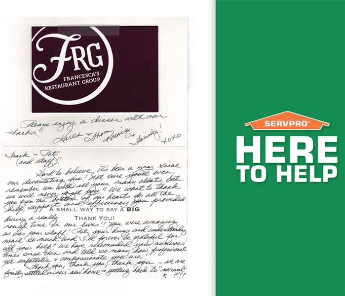 handwritten thank you note next to a green banner that says SERVPO Here To Help