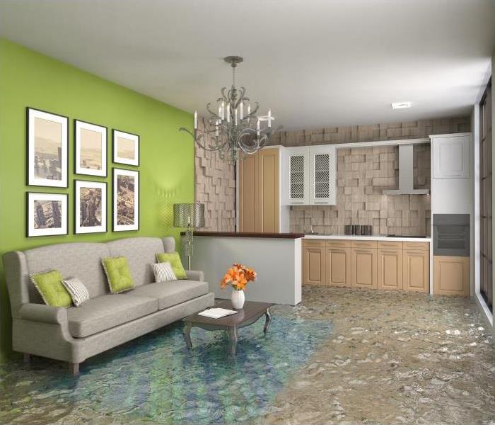 living room with a grey couch flooded with water