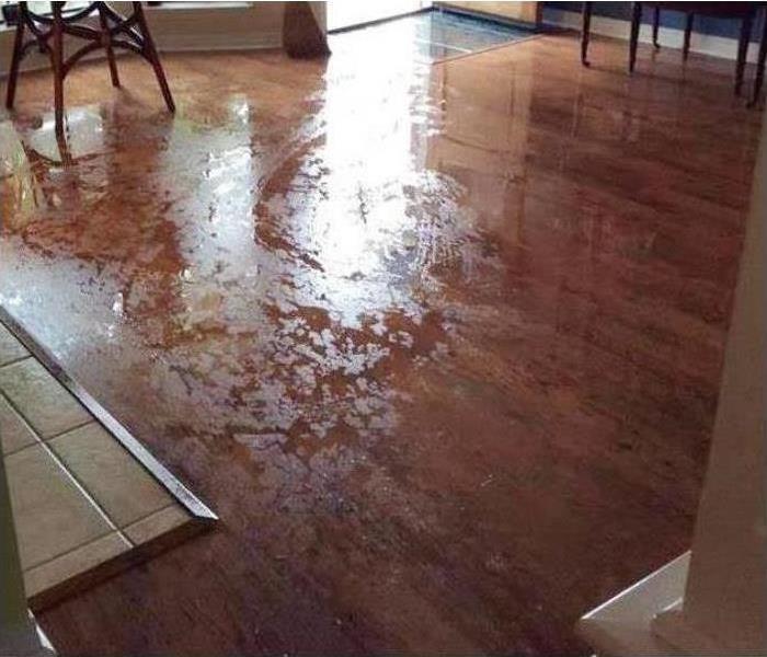 A wet hardwood floor in a room of a house after water damage struck