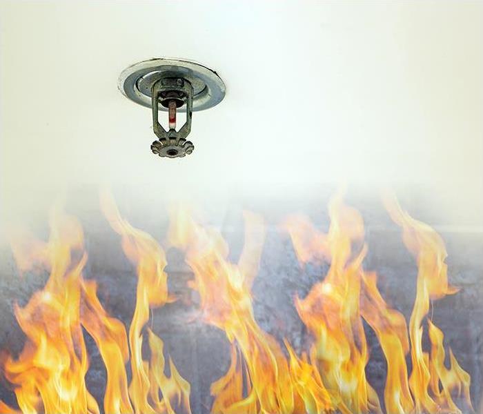 flames rising up to the ceiling with a sprinkler