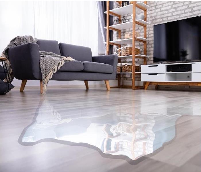 water pooling on living room floor; furniture in background